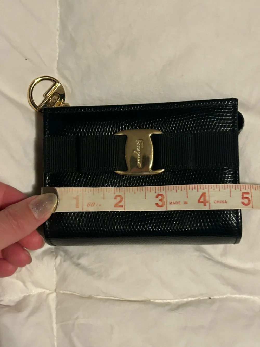 Salvatore Ferragamo Black Lizard-Embossed Vara Bow Keyring Wallet